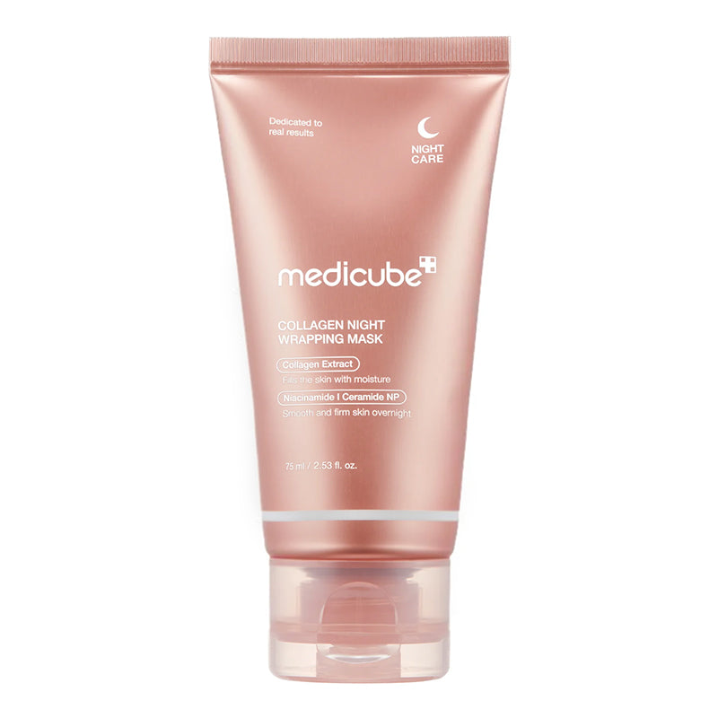 MEDICUBE Collagen Night Wrapping Mask 75 ml, mascarilla facial nocturna coreana con colágeno en tubo rosa con tapón transparente