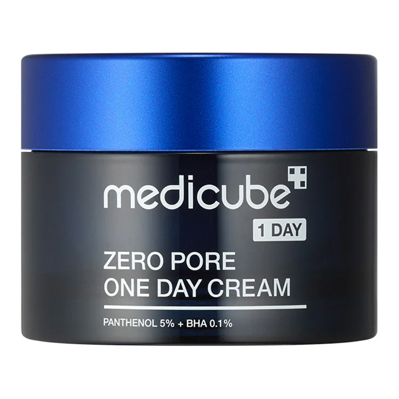 MEDICUBE Zero Pore One Day Cream 50 ml, crema facial coreana con pantenol y BHA en tarro negro con tapa azul