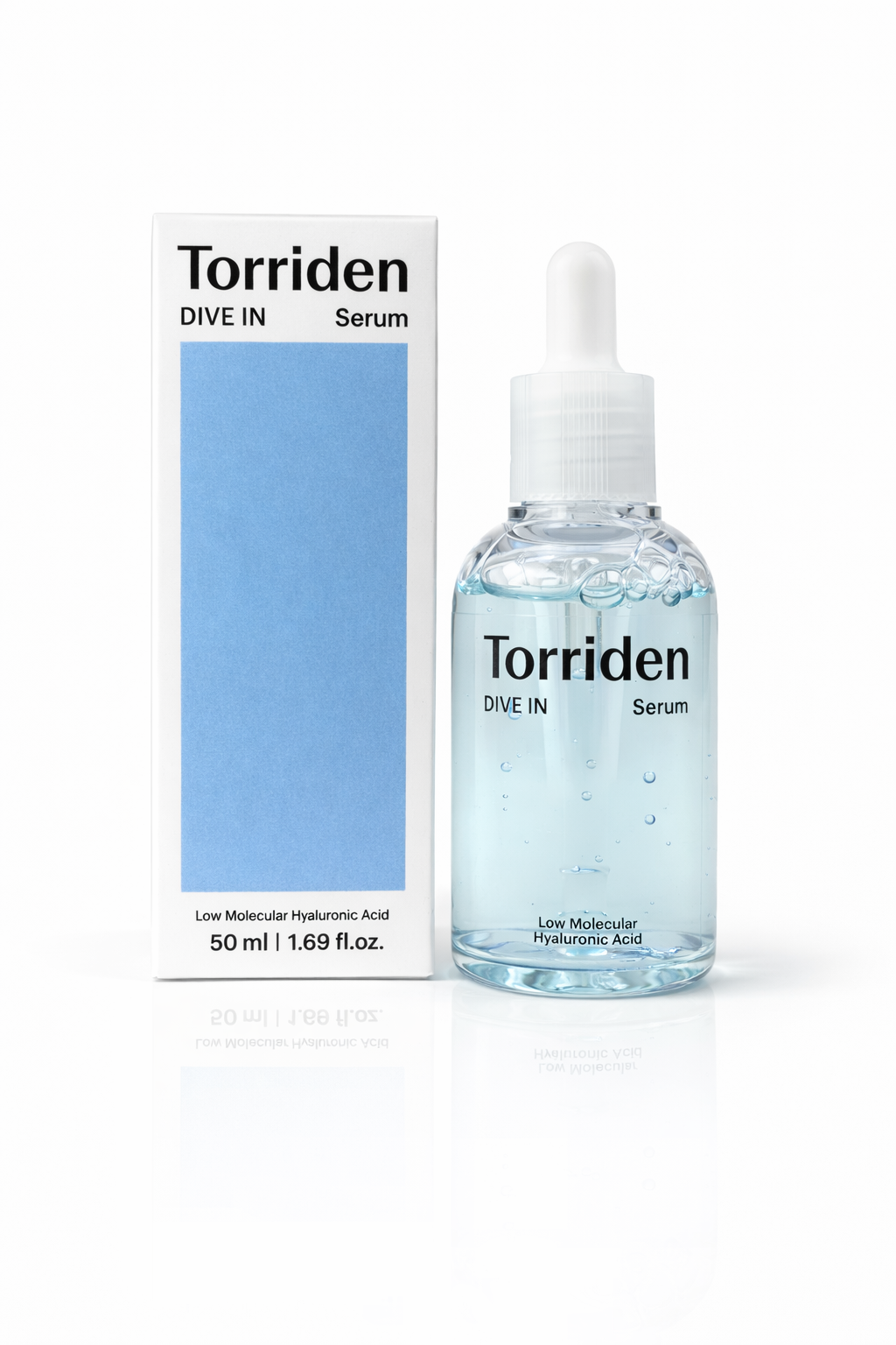 Sérum facial Torriden DIVE-IN con ácido hialurónico de bajo peso molecular que hidrata profundamente y mejora la elasticidad de la piel