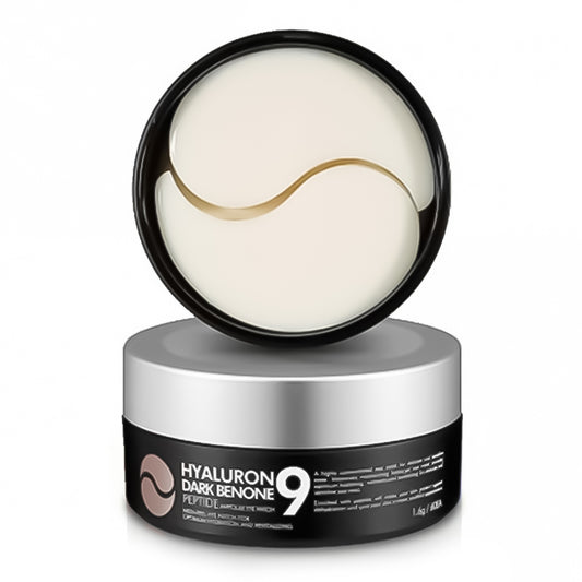 MEDI-PEEL Hyaluron Dark Benone Peptide 9 Ampoule Eye Patch 60 unidades, parches coreanos para el contorno de ojos en tarro negro con tapa plateada