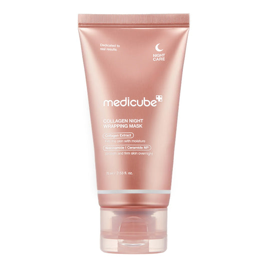 MEDICUBE Collagen Night Wrapping Mask 75 ml, mascarilla facial nocturna coreana con colágeno en tubo rosa con tapón transparente