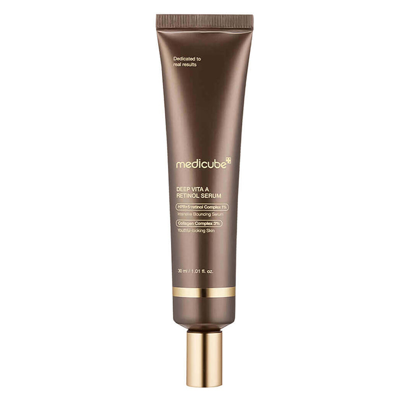 MEDICUBE Deep Vita A Retinol Serum 30 ml, sérum facial coreano con retinol en tubo marrón con tapón dorado