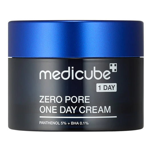 MEDICUBE Zero Pore One Day Cream 50 ml, crema facial coreana con pantenol y BHA en tarro negro con tapa azul