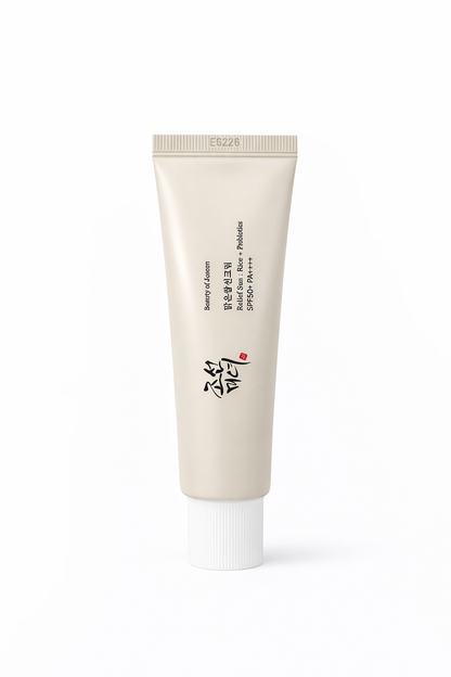 Protector solar Beauty of Joseon Relief Sun Rice + Probiotics SPF50+ que hidrata la piel, calma y protege contra los rayos UV