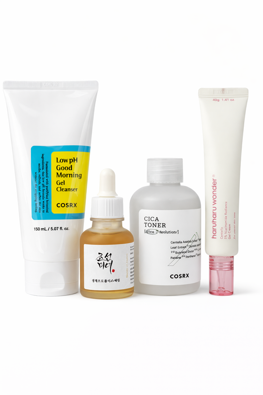 Set de rutina coreana Essential para poros limpios con limpiador, tónico, sérum y crema hidratante