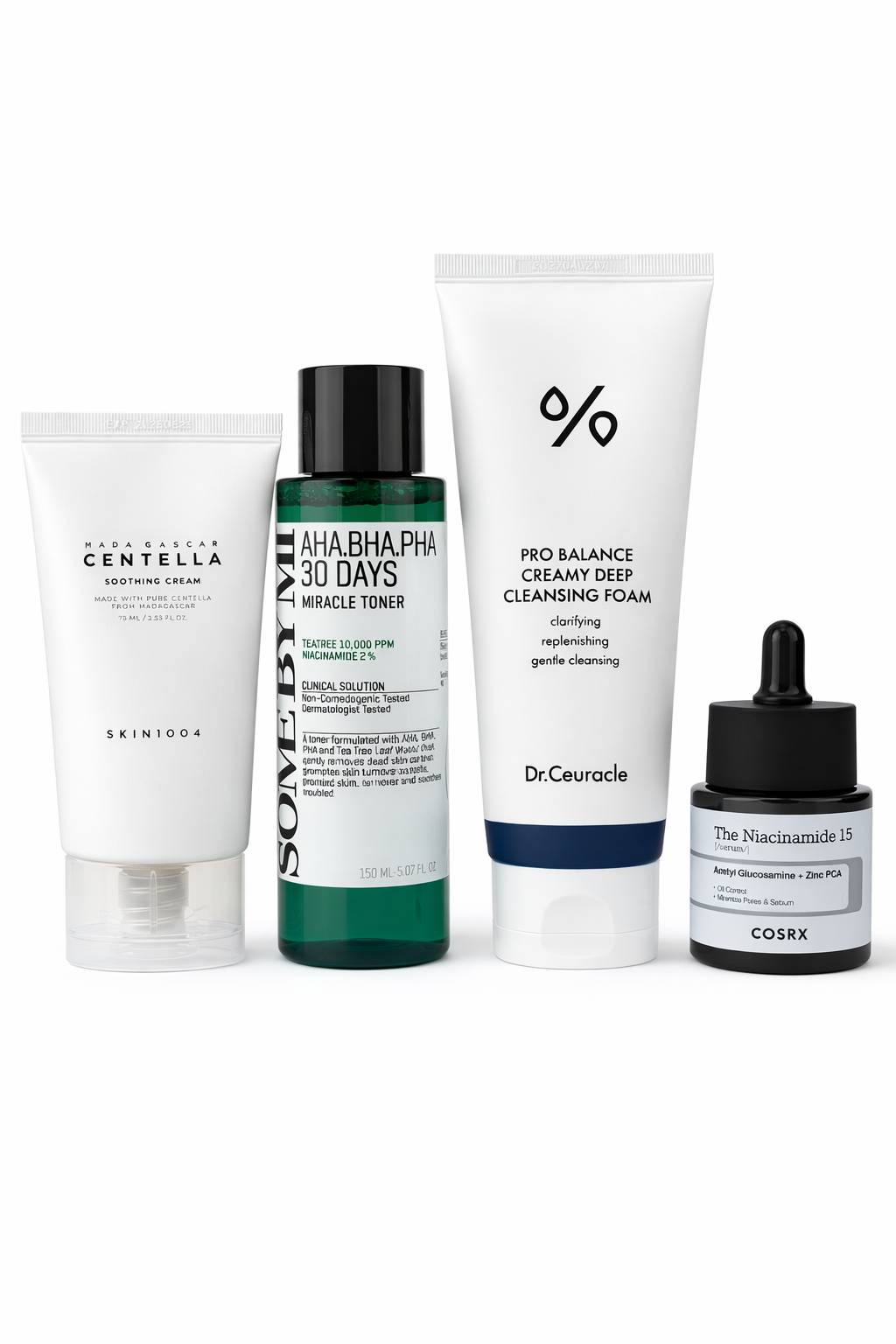 Set de rutina coreana Pro para poros limpios con limpiador, tónico exfoliante, sérum y crema calmante