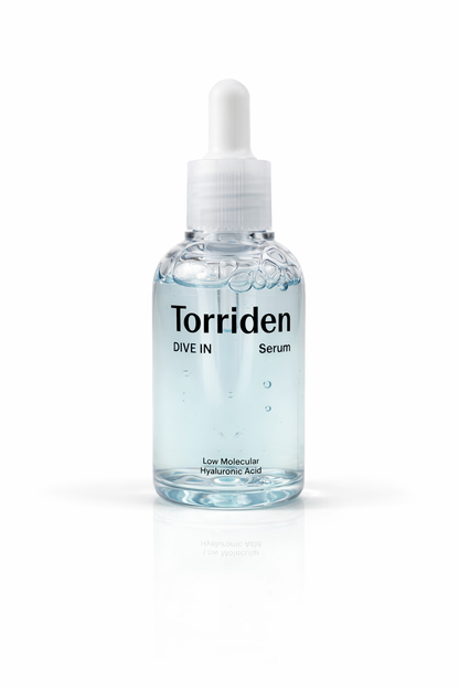 Sérum facial Torriden DIVE-IN con ácido hialurónico de bajo peso molecular que hidrata profundamente y mejora la elasticidad de la piel